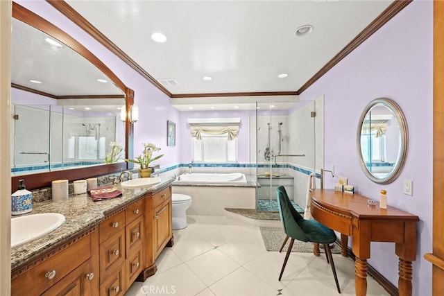 bathroom with visible vents, ornamental molding, a sink, a shower stall, and a bath