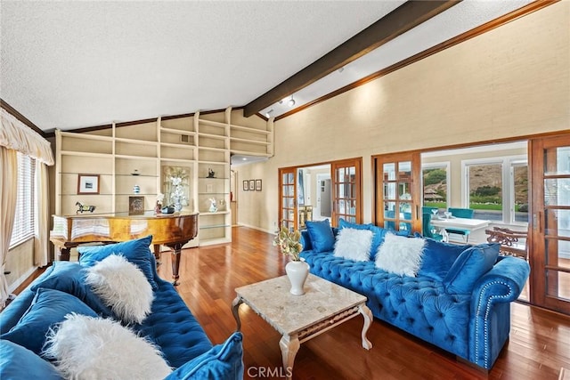 living room featuring beamed ceiling, high vaulted ceiling, a textured ceiling, wood finished floors, and french doors