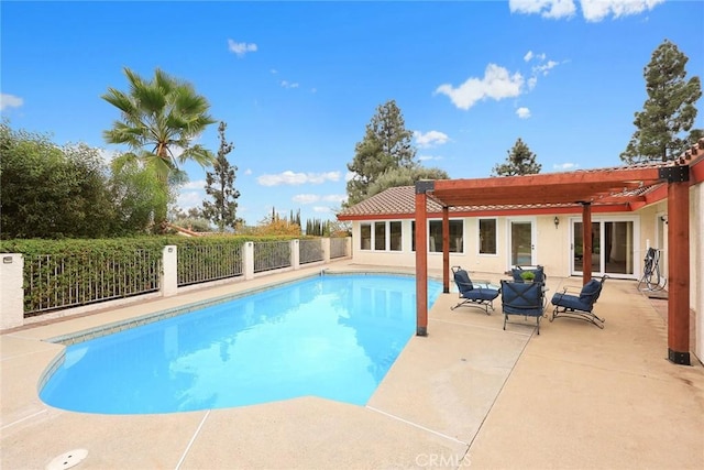 view of pool featuring a fenced in pool, a patio, fence, and a pergola