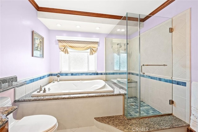 full bathroom with a garden tub, toilet, recessed lighting, a shower stall, and crown molding