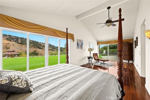 bedroom with access to exterior, baseboards, wood-type flooring, and beam ceiling