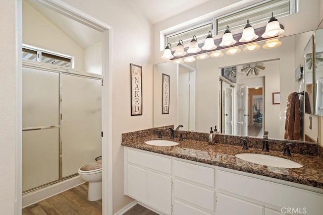 bathroom featuring a sink, toilet, a stall shower, and wood finished floors