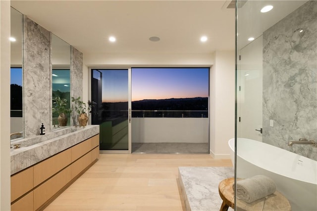 bathroom featuring a bathing tub, hardwood / wood-style floors, and vanity