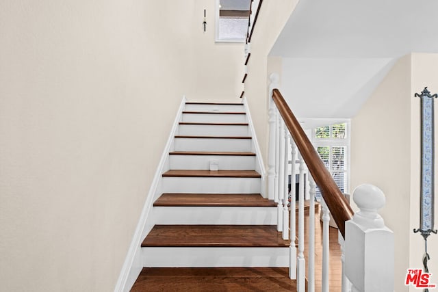 staircase featuring wood-type flooring