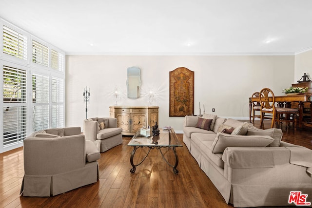 living room featuring dark hardwood / wood-style flooring and crown molding