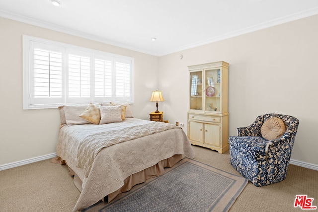 bedroom featuring carpet floors and ornamental molding