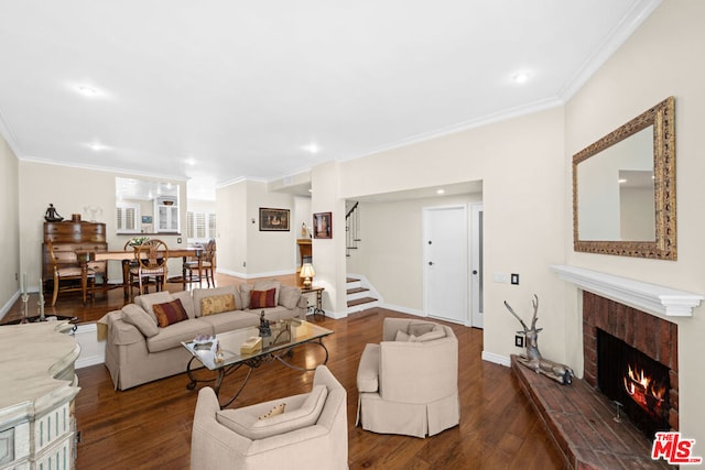 living room featuring a fireplace, ornamental molding, and dark wood-type flooring