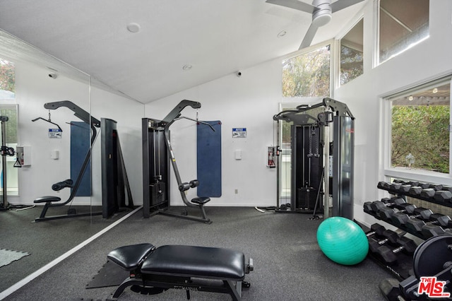 workout area featuring plenty of natural light, ceiling fan, and lofted ceiling