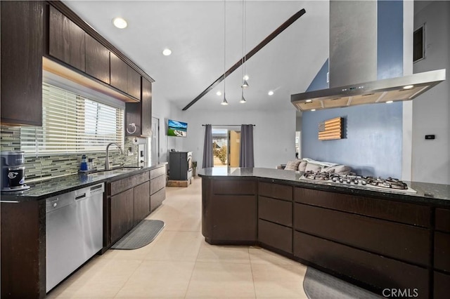 kitchen with backsplash, ventilation hood, sink, dark brown cabinets, and stainless steel appliances