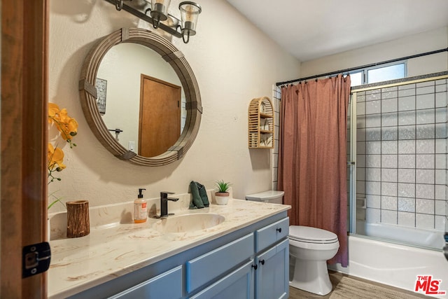 full bathroom with shower / bath combo, toilet, wood-type flooring, and vanity