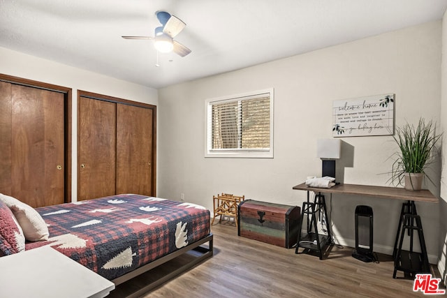 bedroom with hardwood / wood-style floors, ceiling fan, and multiple closets