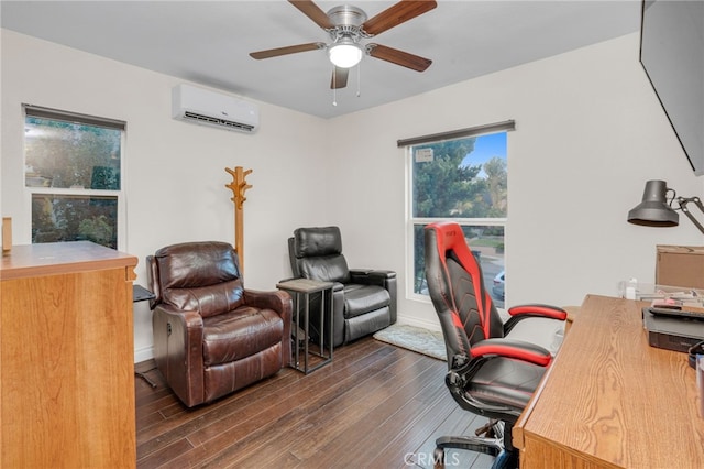 office featuring a wall mounted air conditioner, dark hardwood / wood-style floors, and ceiling fan