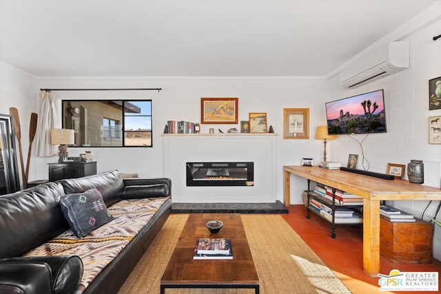 living room featuring ornamental molding, a wall mounted AC, and concrete floors