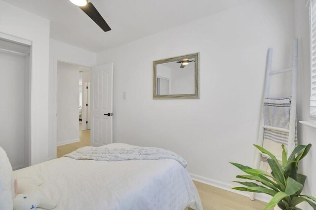 bedroom featuring ceiling fan, light hardwood / wood-style flooring, and a closet