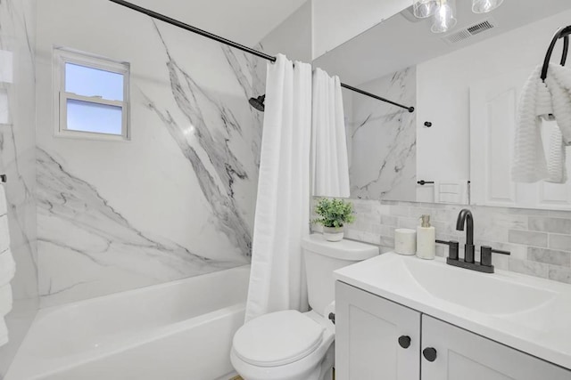 full bathroom with toilet, vanity, shower / bath combo, and backsplash