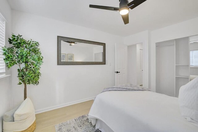 bedroom featuring ceiling fan, light wood-type flooring, and a closet