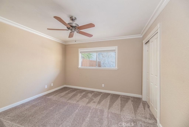 unfurnished bedroom with carpet flooring, a closet, ceiling fan, and crown molding