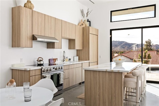 kitchen with high end range, sink, a mountain view, a center island, and range hood