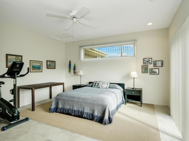 carpeted bedroom with baseboards, a ceiling fan, and recessed lighting