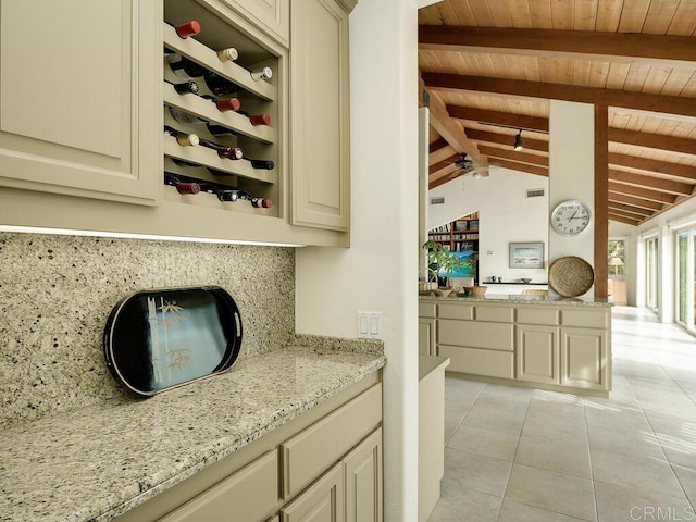 bar featuring wood ceiling, light tile patterned floors, tasteful backsplash, and vaulted ceiling with beams