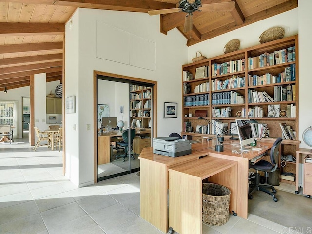 office featuring vaulted ceiling with beams, light tile patterned floors, wood ceiling, and a ceiling fan