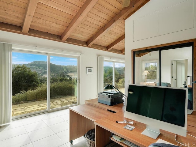 office area featuring vaulted ceiling with beams, wood ceiling, and light tile patterned flooring