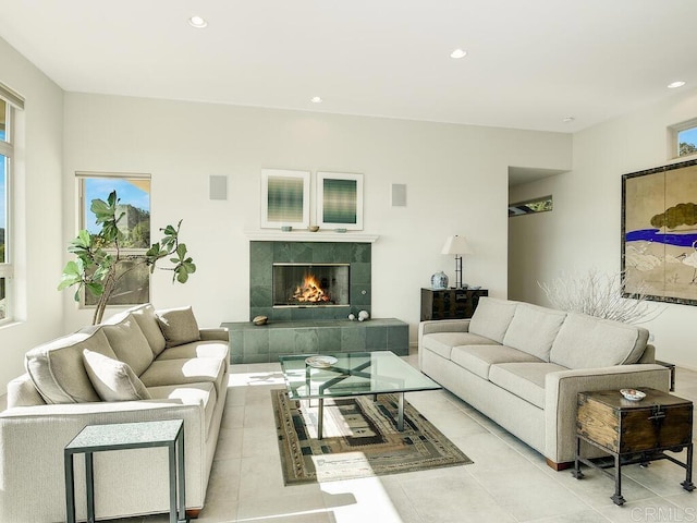 31340 Cottontail Ln, Bonsall, CA 92003 - living area with recessed lighting, a fireplace, and tile patterned floors