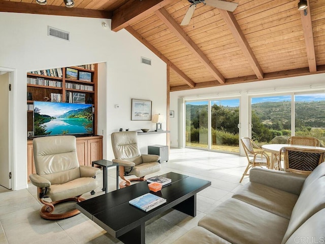 31340 Cottontail Ln, Bonsall, CA 92003 - living area with wood ceiling, beam ceiling, a ceiling fan, and high vaulted ceiling