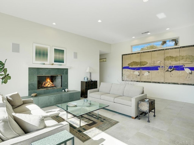 31340 Cottontail Ln, Bonsall, CA 92003 - living area with a fireplace, recessed lighting, and tile patterned flooring