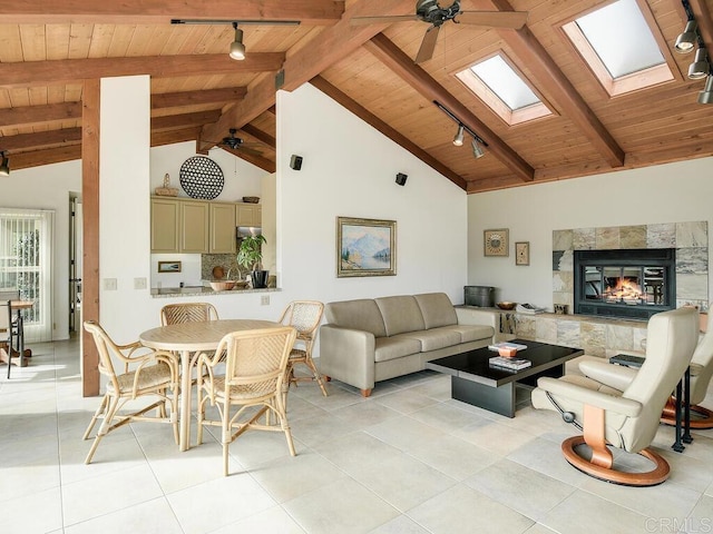 31340 Cottontail Ln, Bonsall, CA 92003 - living area featuring rail lighting, wood ceiling, ceiling fan, a premium fireplace, and a skylight