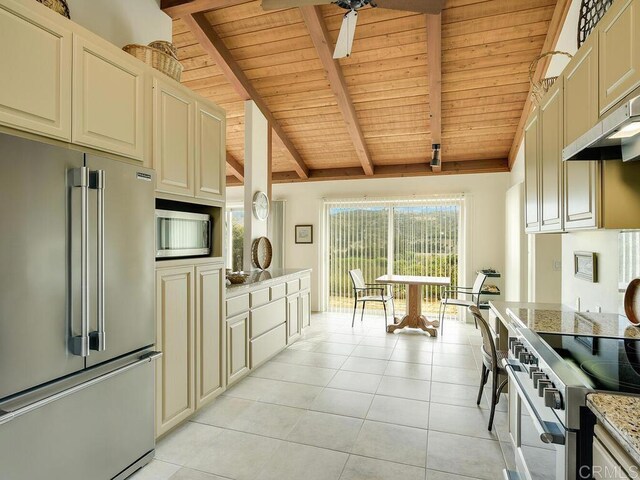 31340 Cottontail Ln, Bonsall, CA 92003 - kitchen with high end appliances, wood ceiling, cream cabinets, light tile patterned floors, and under cabinet range hood