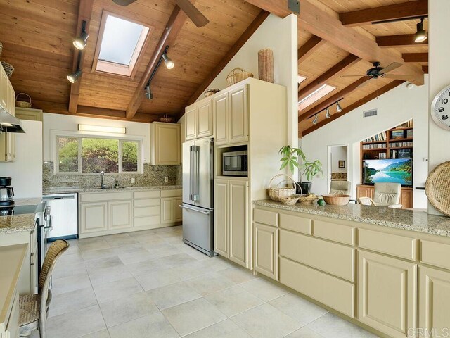 31340 Cottontail Ln, Bonsall, CA 92003 - kitchen featuring track lighting, wooden ceiling, high end appliances, cream cabinetry, and a skylight