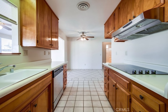 kitchen with sink, stainless steel dishwasher, ceiling fan, black electric cooktop, and light tile patterned floors