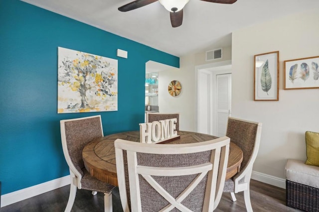 dining space featuring ceiling fan and dark wood-type flooring