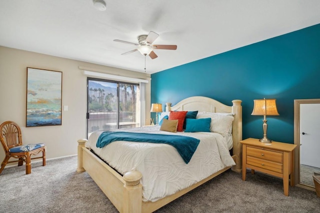 carpeted bedroom featuring ceiling fan and access to outside