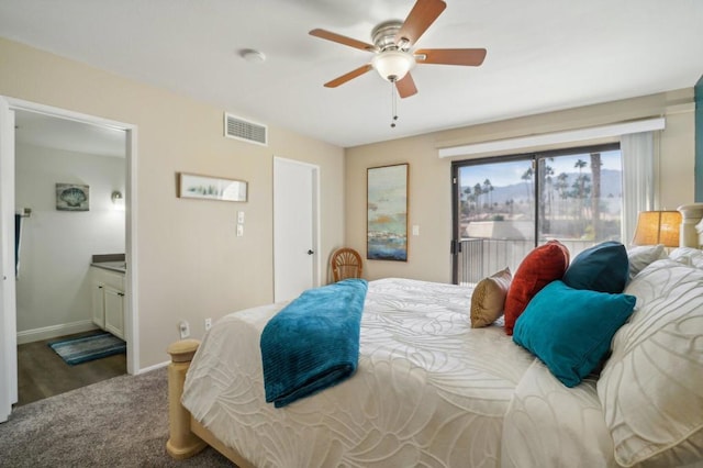 bedroom featuring connected bathroom, access to exterior, ceiling fan, and carpet flooring