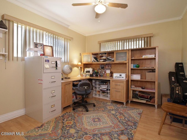 office area featuring ceiling fan, light hardwood / wood-style floors, and crown molding