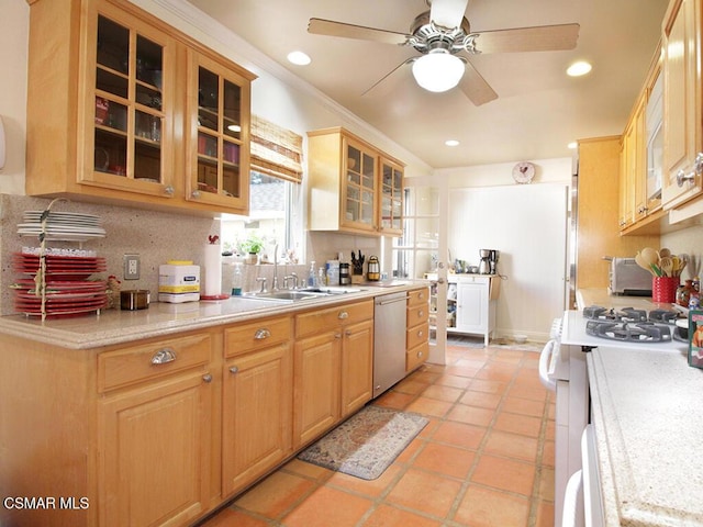 kitchen with dishwasher, sink, decorative backsplash, ceiling fan, and white gas stove