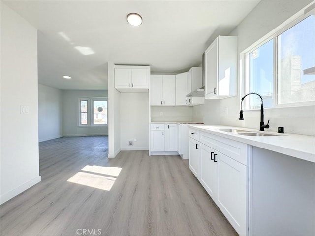 kitchen featuring sink, white cabinets, extractor fan, and light wood-type flooring