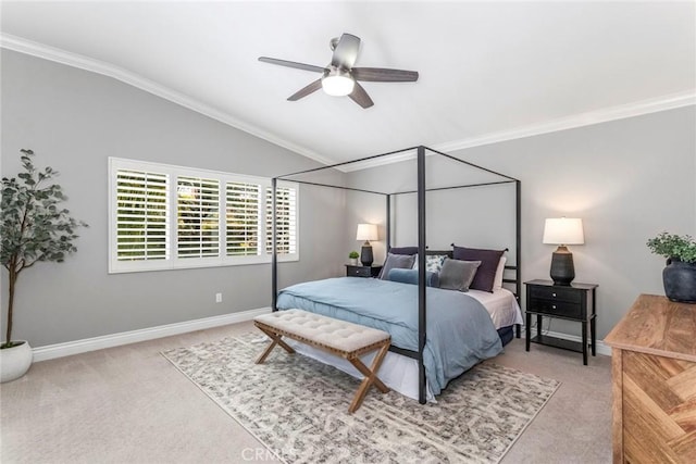 bedroom featuring ceiling fan, crown molding, light carpet, and vaulted ceiling