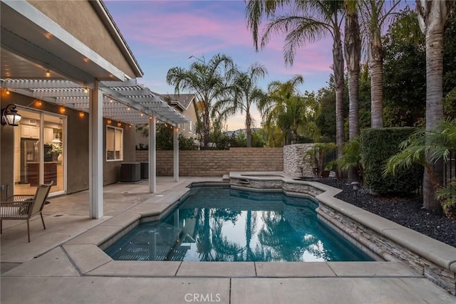 pool at dusk featuring a pergola, a patio, and central air condition unit