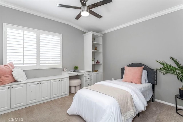 bedroom with ceiling fan, light colored carpet, crown molding, and vaulted ceiling