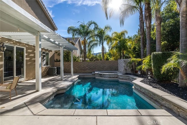 view of pool featuring a pergola, a patio, and central air condition unit