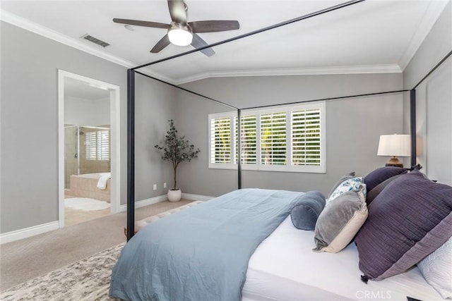 bedroom featuring ornamental molding, light colored carpet, vaulted ceiling, ceiling fan, and connected bathroom