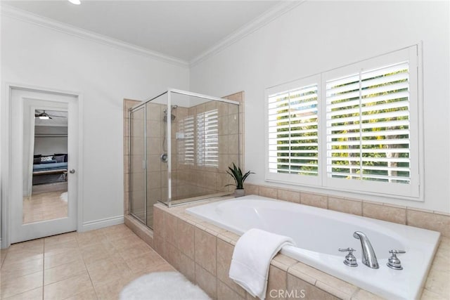 bathroom with tile patterned floors, ceiling fan, separate shower and tub, and crown molding