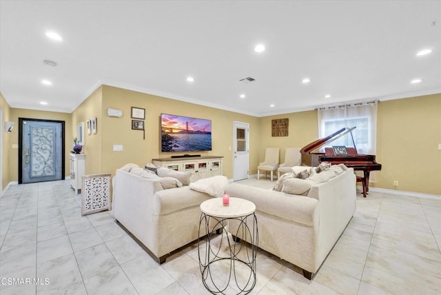 living room with ornamental molding and billiards