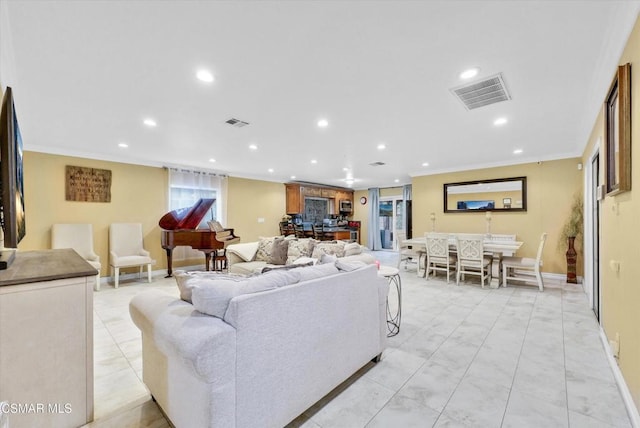 living room featuring ornamental molding