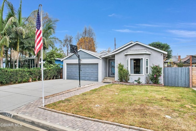 ranch-style home with a front lawn and a garage