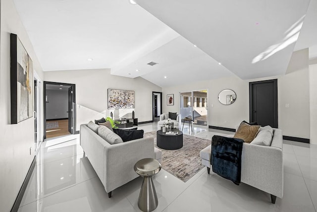 living room featuring light tile patterned flooring and lofted ceiling