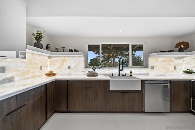 kitchen with dark brown cabinetry, dishwasher, sink, and backsplash